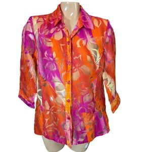 Erin London Orange Pink Floral Sheer Burnout 3/4 Sleeve‎ Button Up Shirt Women M